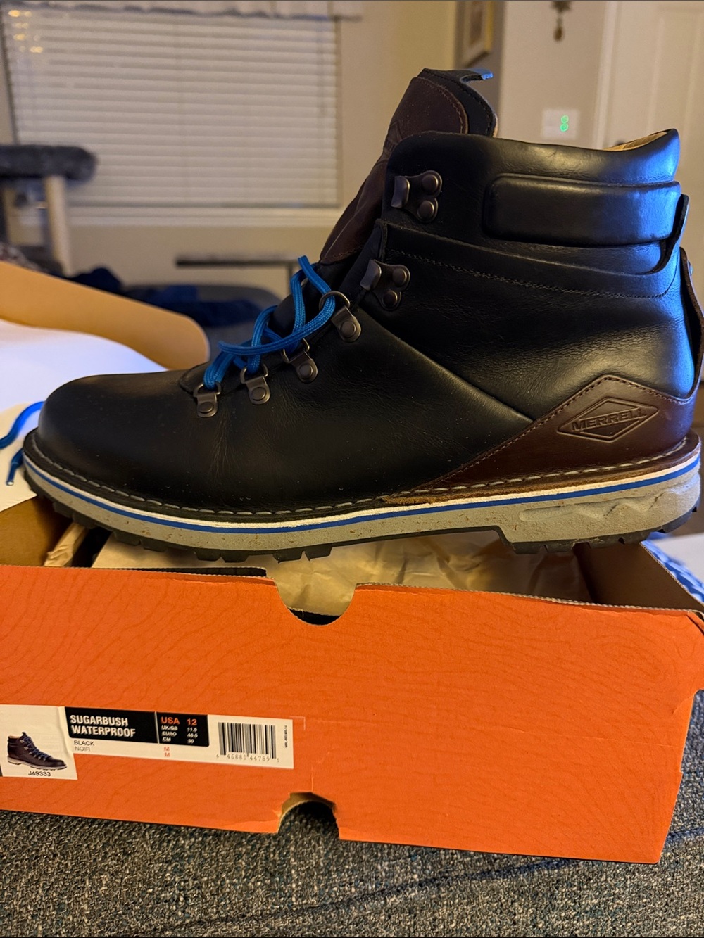 Merrell Men’s Black Sugarbush Waterproof Hiking Boot with Blue Laces